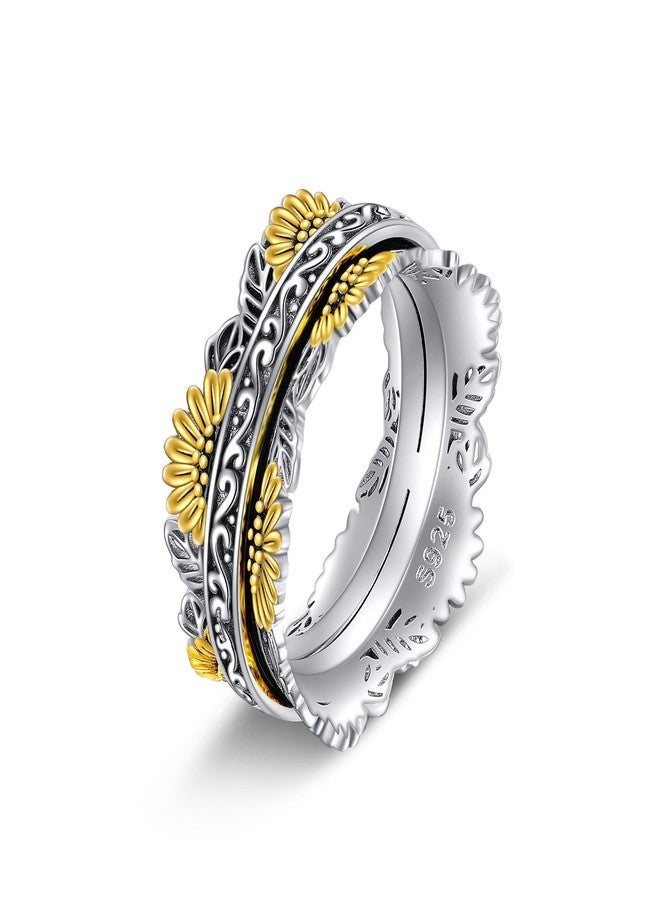 POPLYKE Sterling Silver Sunflower Flower Anxiety Spinner Rings Rotatable Fidget Mood Rings for Women Relieve Stress Gift 8 Size - Image 1